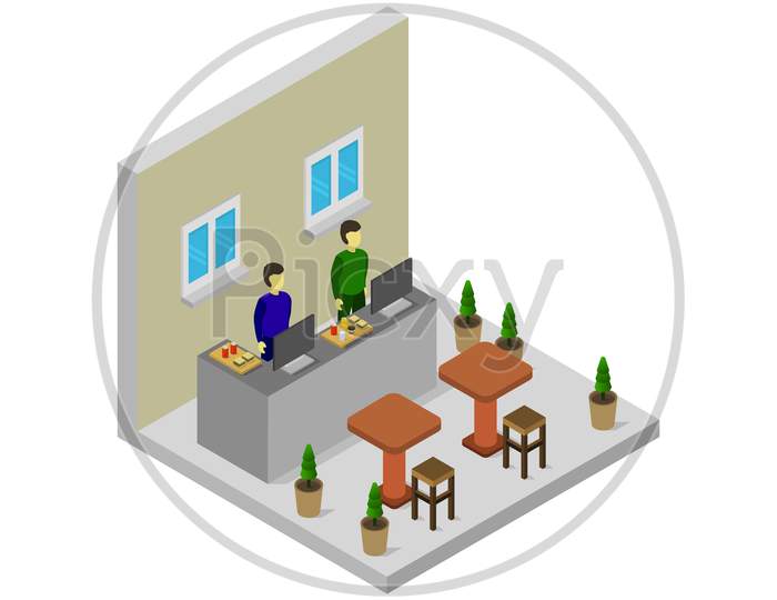 Isometric Fast Food Room Illustrated In Vector On A White Background