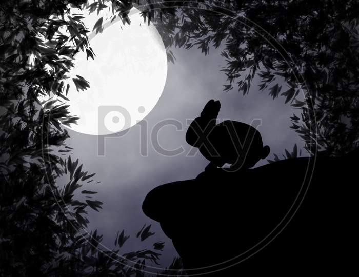 Illistrated Rabbit Silhouette On Beautifull Moon Light .