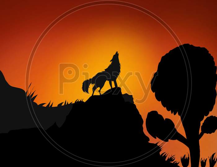 Beautifull Illistrated Silhouette Of Wolf Shouting On The Night .