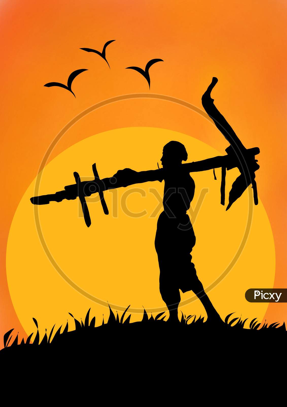 Illustrated Silhouette Of  Former Holding Plow On His Solder  On  Beautifull Sunset .