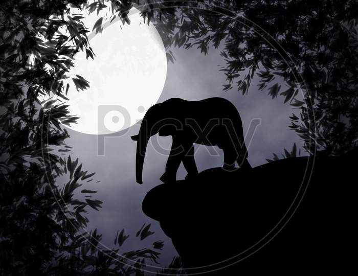 Abstract Illustrated Silhouette Of Elephant On Moon Light Iin Mid Night .
