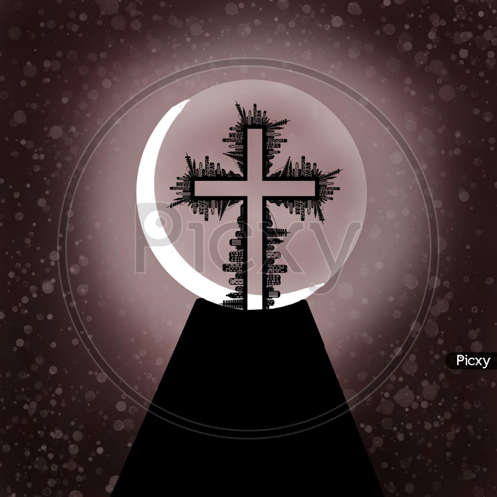 Beautifull Illustration Of Holy Cross On The Moon .
