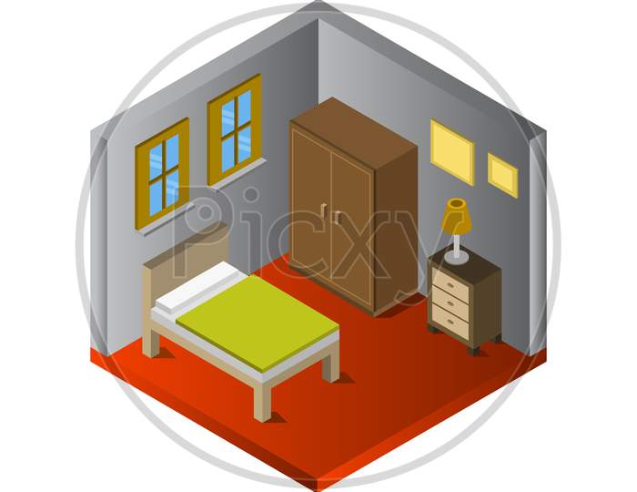 Isometric Bed Room In Vector On White Background
