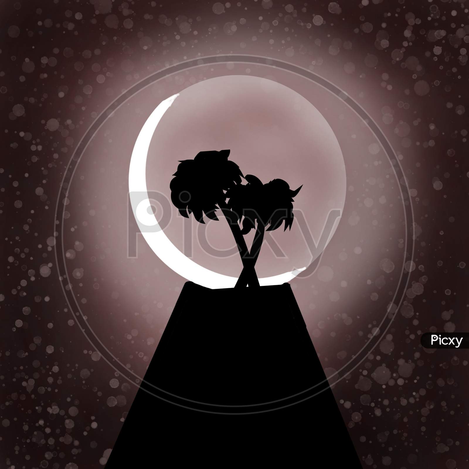 Illustrated Silhouette Of Coconut Tree On Moon Night.