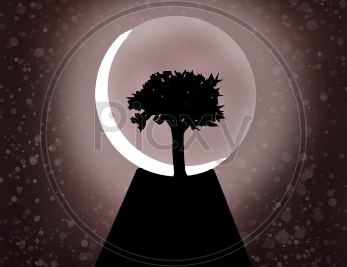 Abstract Illustrated  Silhouette Of Tree On The Moon .