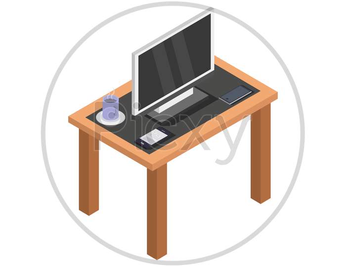Table With Isometric Tv Illustrated Illustrated In Vector