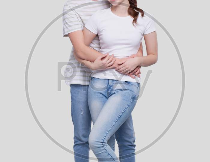 Couple Standing Hugging Looking Front Isolated. Man And Woman Hugging, Lovers, Friends, Couple Concept