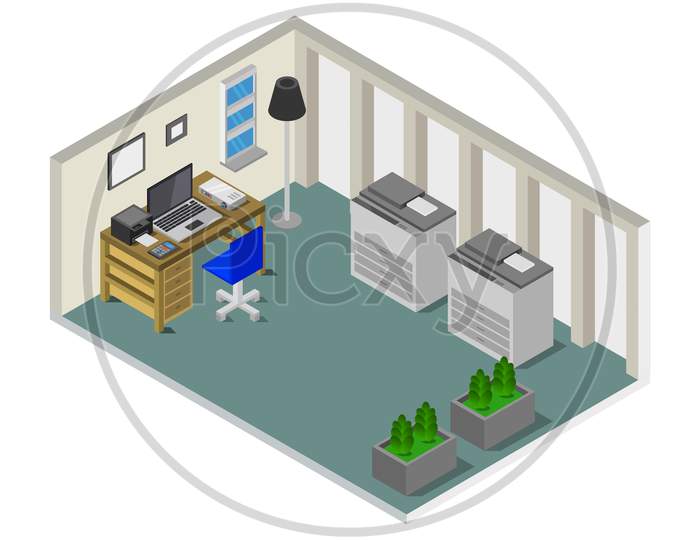 Isometric Office Room In Vector On White Background