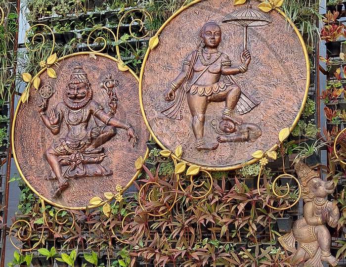Sculptures at tirumala tirupati devasthanam temple. Hindu god sculpture. Vamana and narasimha