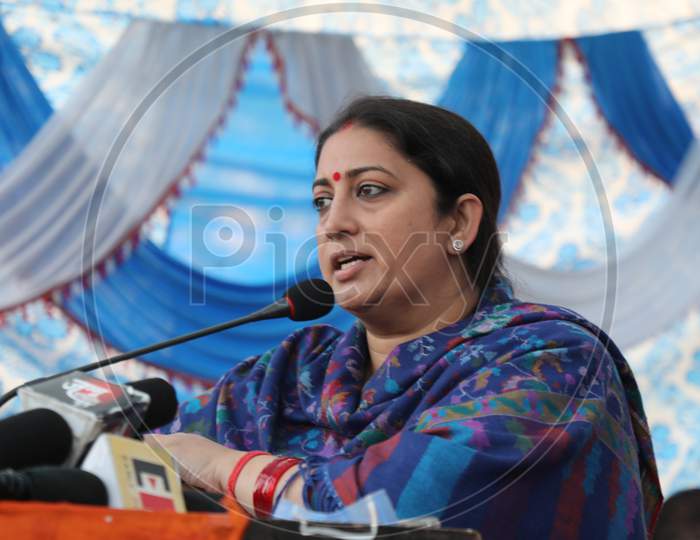 Union Minister Smriti Zubin Irani address to the gathering during a District Development Council (DDC) election campaign at Mira sabh in Jammu,4,Dec,2020.