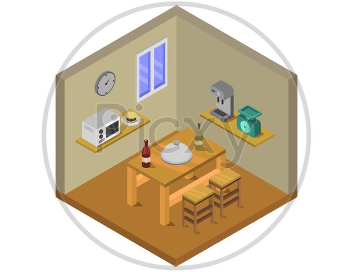 Isometric Dining Room In Vector On White Background