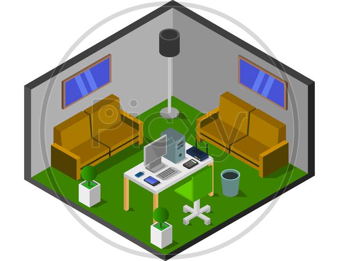 Isometric Office Room Illustrated In Vector On White Background