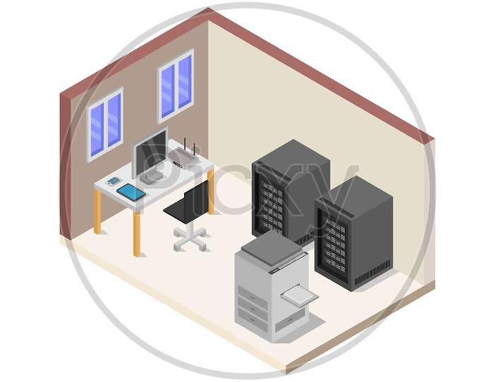 Isometric Office Room In Vector On White Background