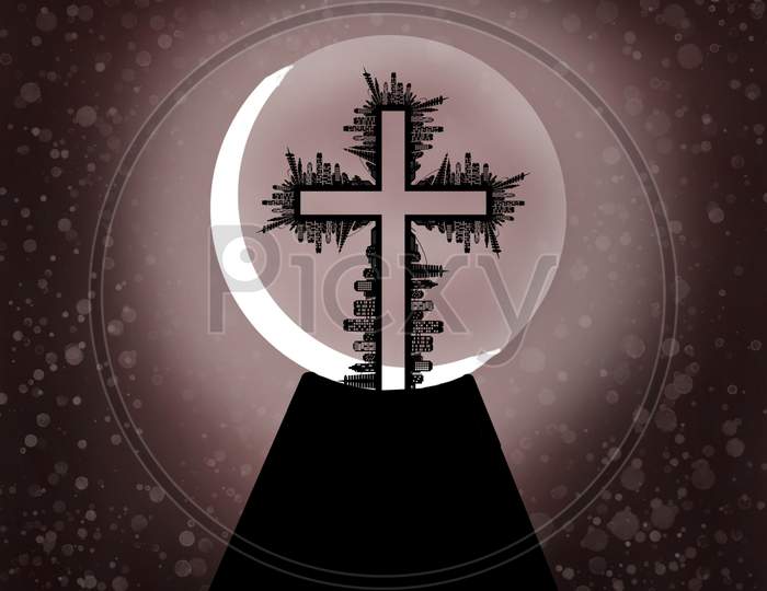 Beautifull Illustration Of Holy Cross On The Moon .