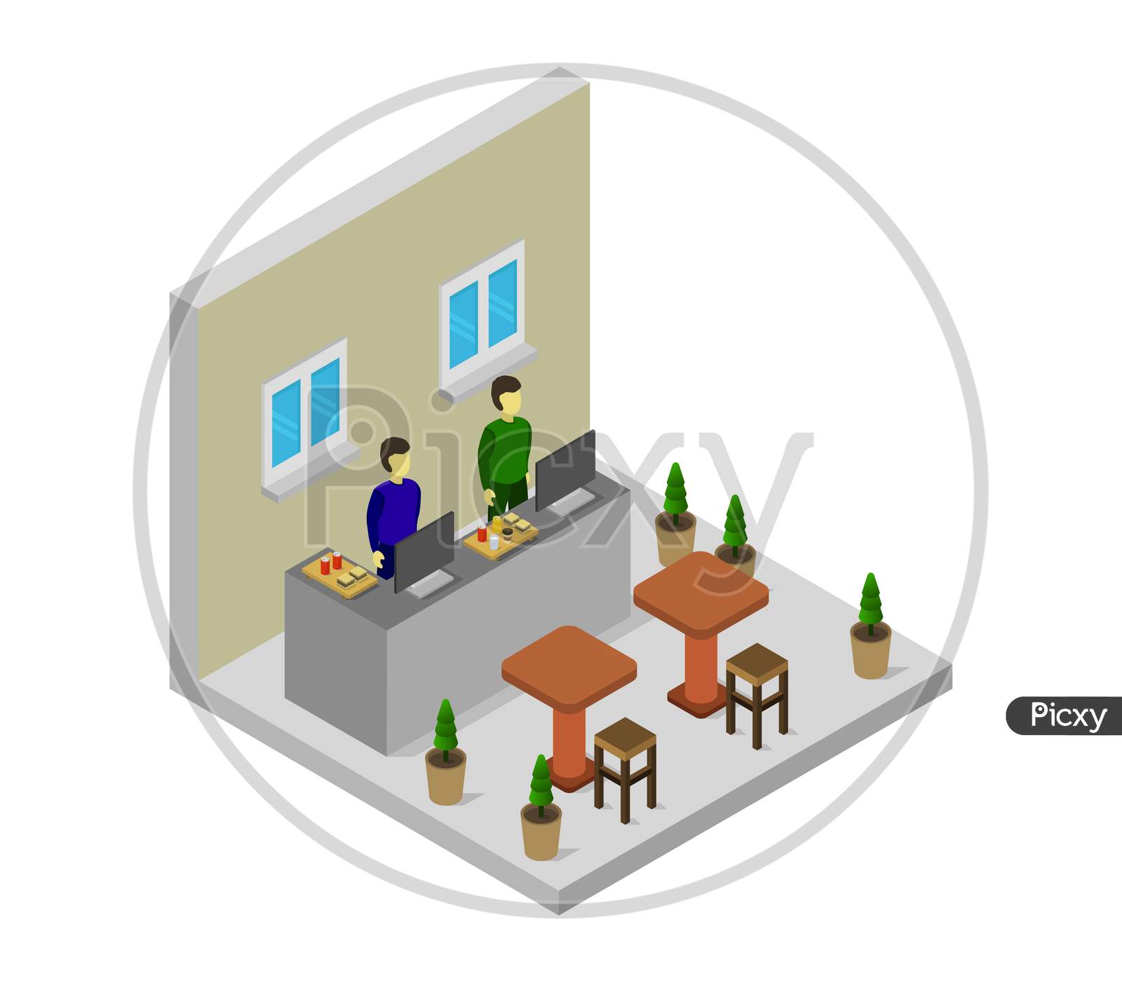 Isometric Fast Food Room Illustrated In Vector On A White Background