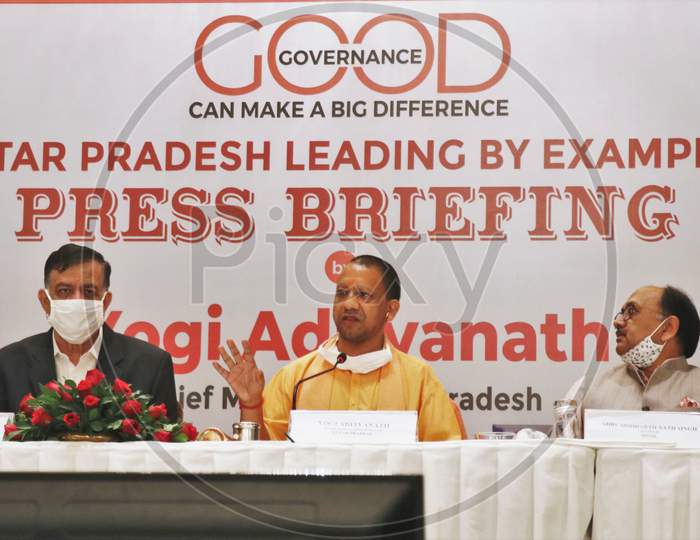 Uttar Pradesh Chief Minister Yogi Adityanath attends a press conference In Mumbai, India on December 2, 2020.