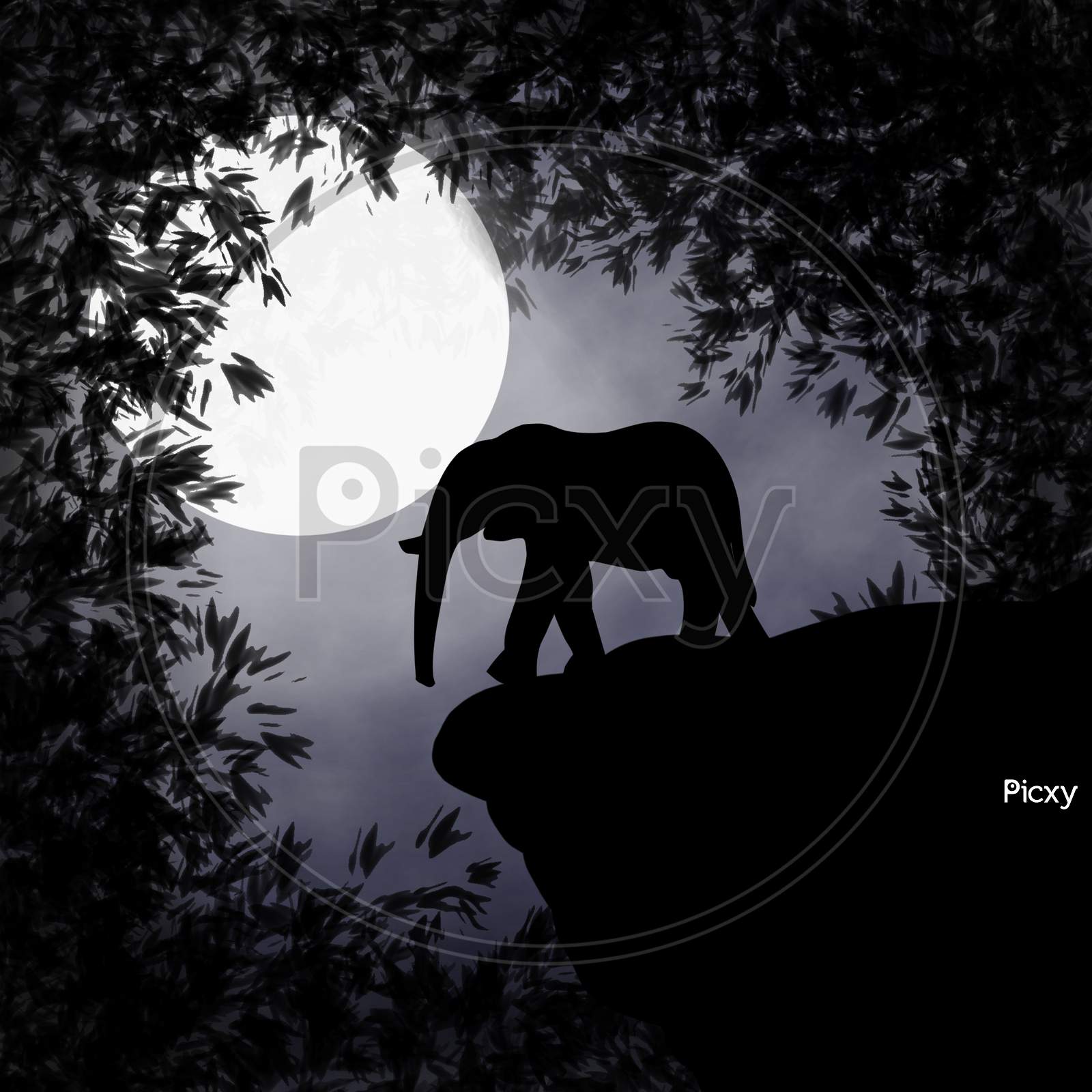 Abstract Illustrated Silhouette Of Elephant On Moon Light Iin Mid Night .