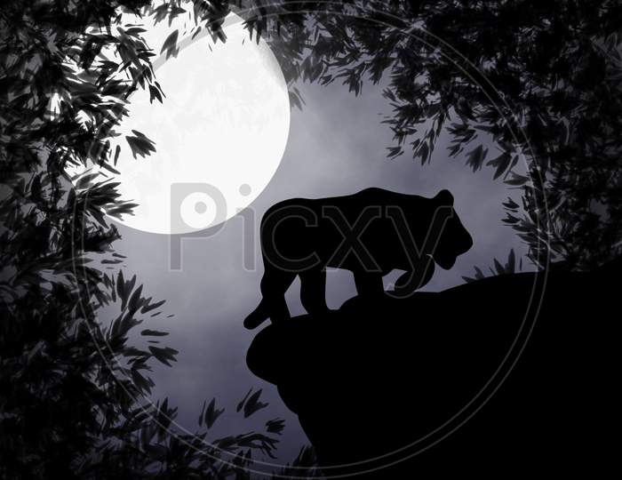 Illustrated Silhouette Of Tiger Walking On Midnight  Over The Forest .