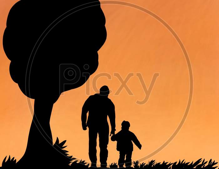 Beautifull Silhouette Of Father And Son .