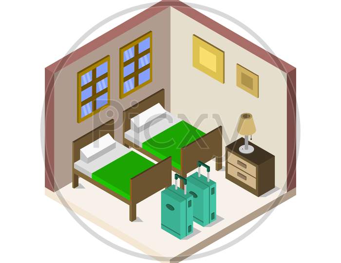 Isometric Hotel Room In Vector On White Background