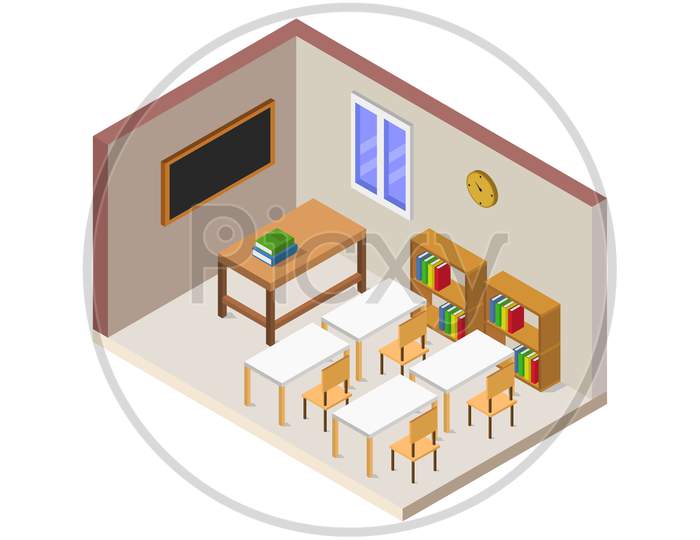 Isometric School Room In Vector On White Background