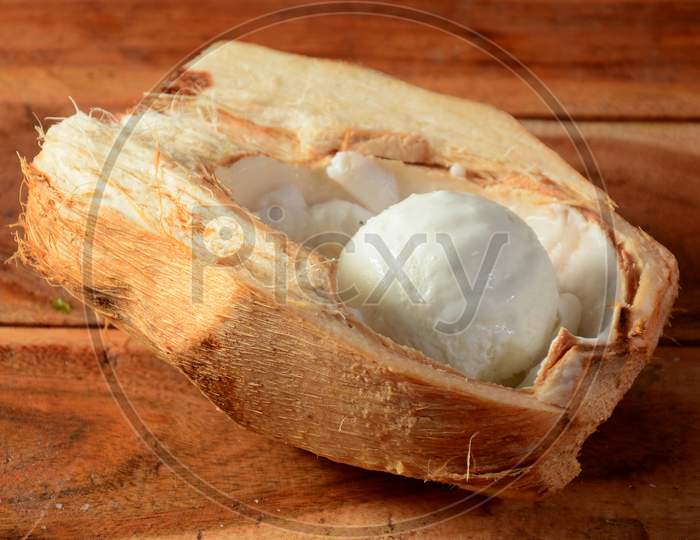 Ice Cream In A Tender Coconut, Selective Focus