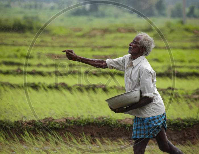 A farmer spraying pesticides on fields