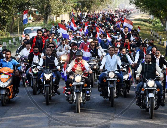 Golaghat: Asom Gana Parishad (AGP) President Atul Bora (C) along with party members participatea in a bike rally during Jatia Oikya Samaroh at Bokakhat, in Golaghat district, Sunday, Dce. 6, 2020