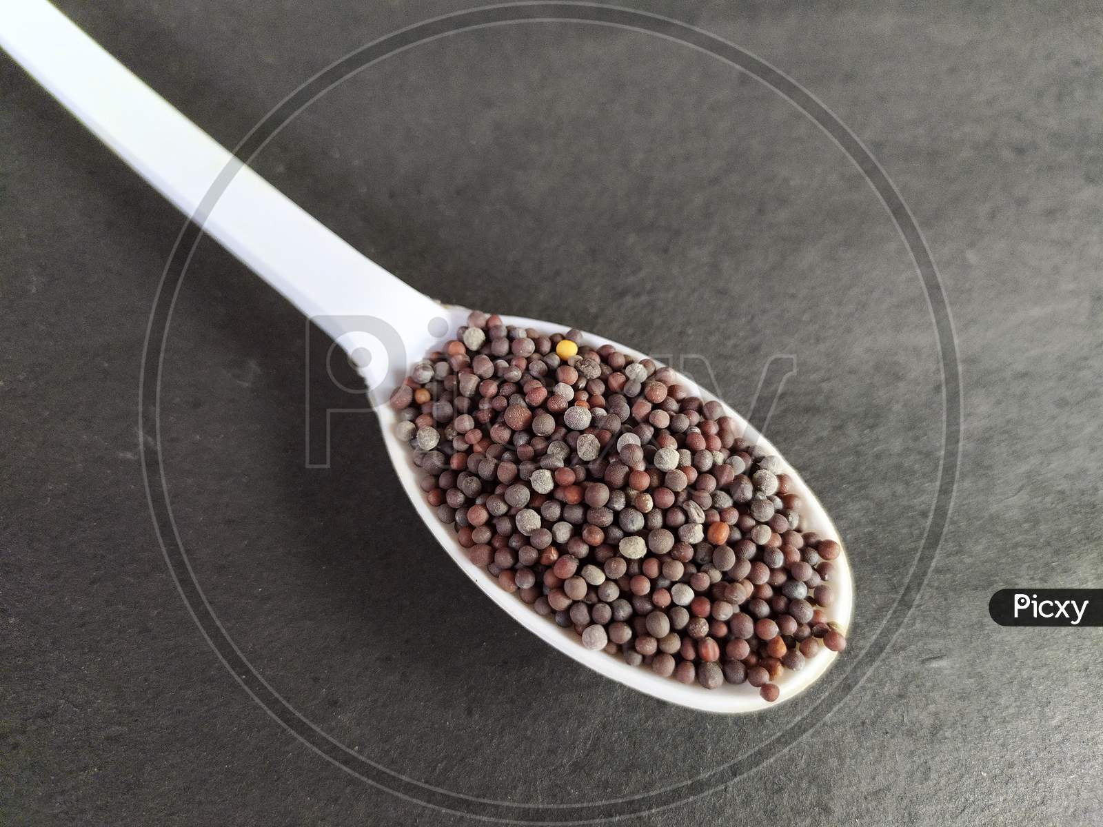 Cooking spice, spoonful mustard seeds on black background.