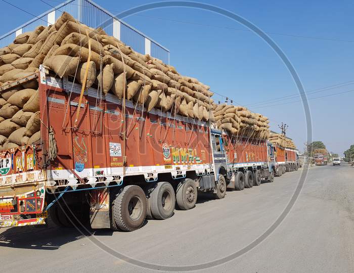 Truck Loaded with sacks traffic strike farmers protest transport government
