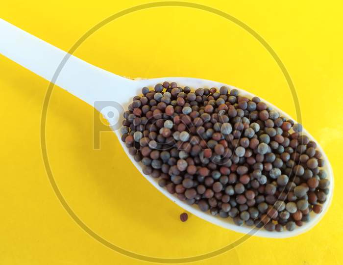 Cooking spice, spoonful mustard seeds on yellow background.