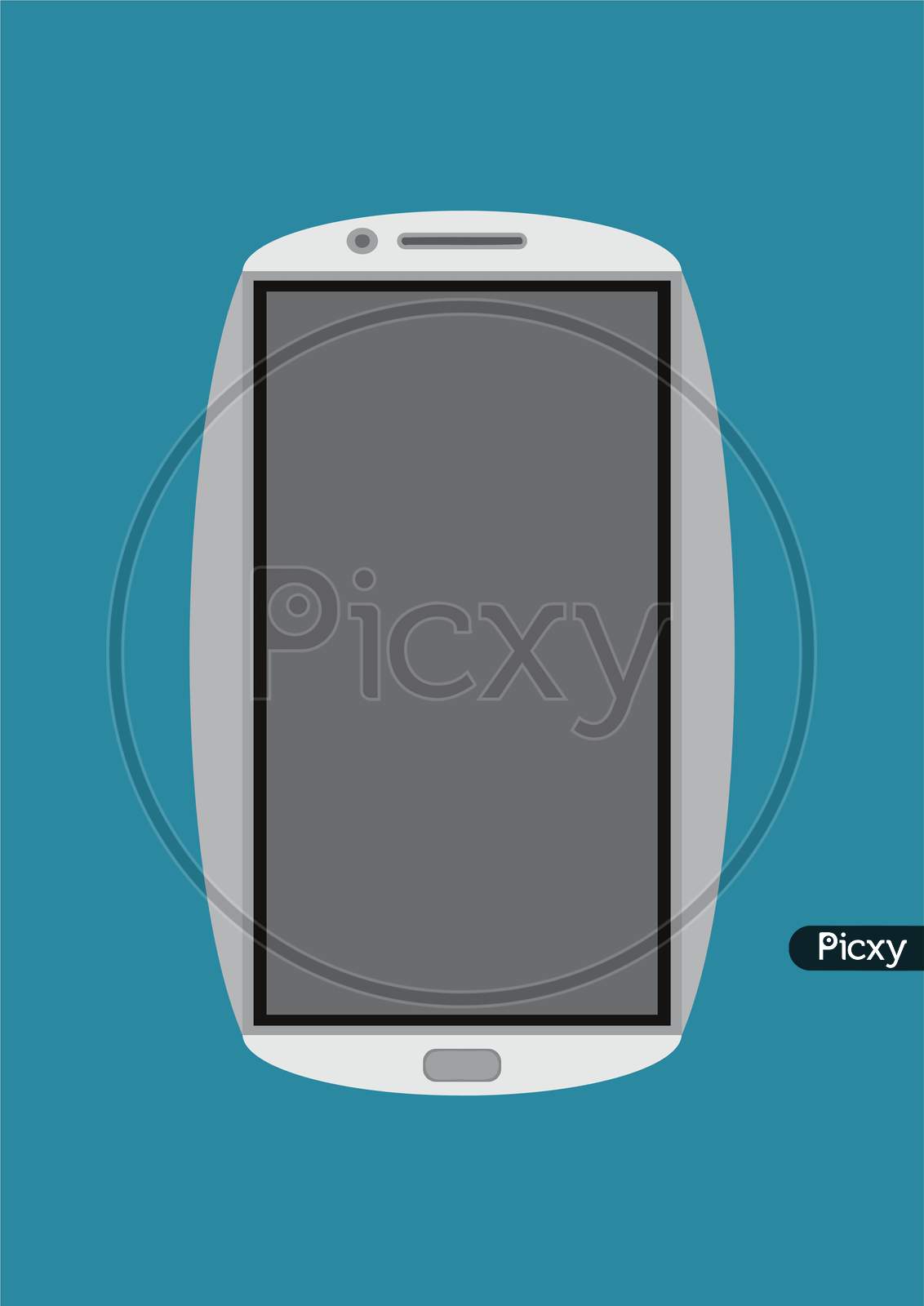 Picture Of A White Color, Curve Shape, Touch Screen Smartphone Graphic Design Having In Blue Background.
