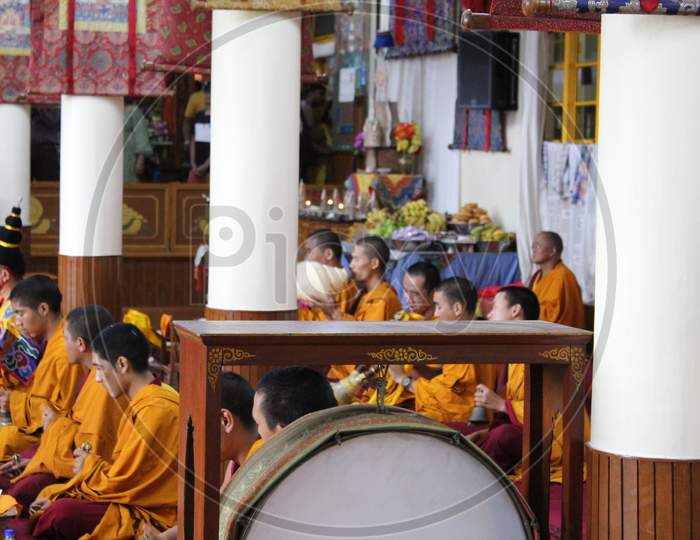 Buddhist monastery prayer by monks a