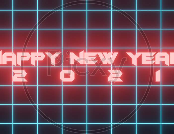 Happy New Year Theme - 3D Illustration Graphic On Red Color Happy New Year And 2021 Text And Number, Isolated On Blue Color Neon Retro Style Background.