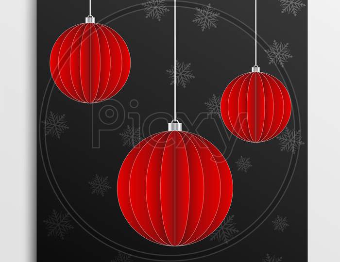 Merry Christmas and Happy New Year wishing card with hanging Christmas balls. Vector Illustration