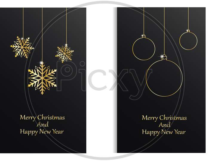 Merry Christmas and Happy New Year greetings card with golden snowflakes and Christmas balls. Vector Illustration.