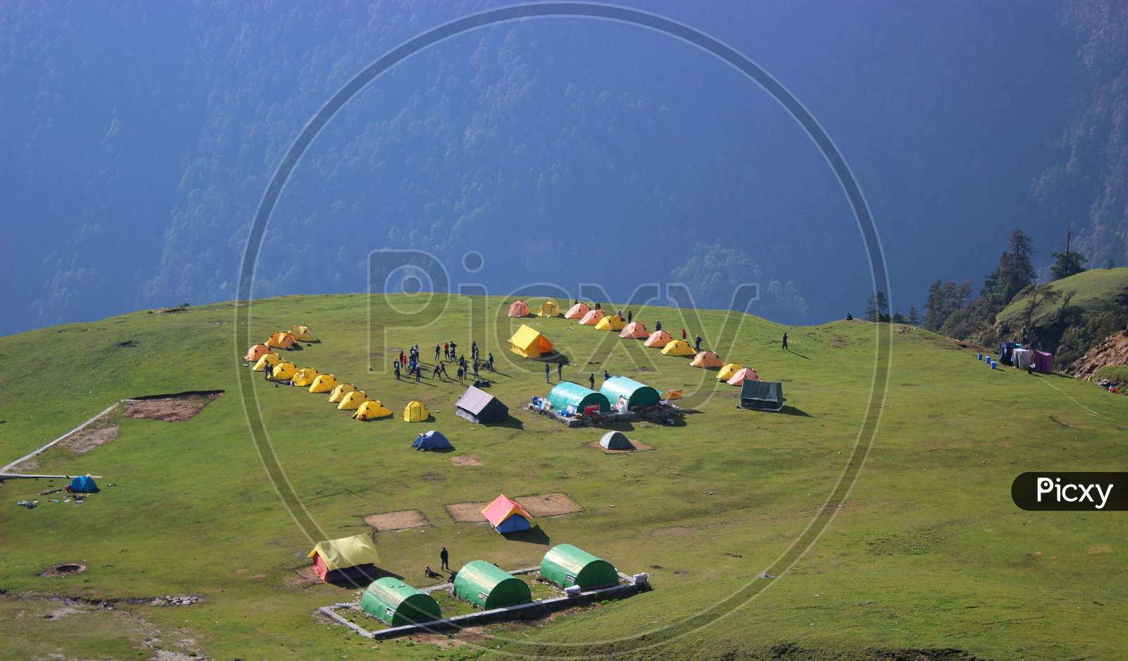 A campsite view in Alpine meadow of himalaya.