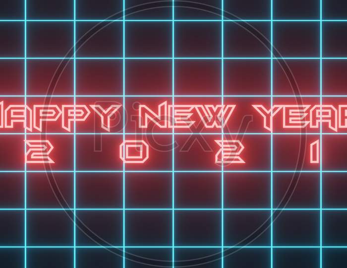 Happy New Year Theme - 3D Illustration Graphic On Red Color Neon Happy New Year And 2021 Text And Number, Isolated On Blue Color Neon Retro Style Background.