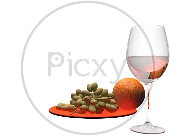Glass Of Wine With Orange And Bunch Of Grapes Isolated On White Background