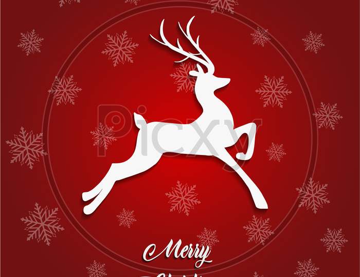 Merry Christmas wishing card with reindeer isolated on falling snowflakes background. Vector Illustration.