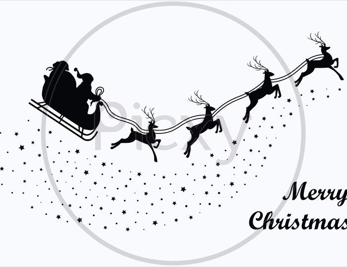 Santa Claus flying with reindeer on stars and snow silhouette. Merry Christmas banner. Cartoon style. Vector Illustration.