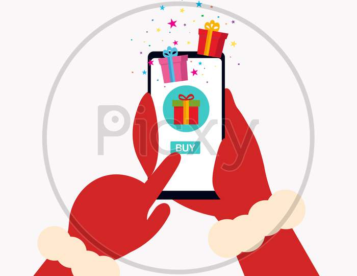 Santa doing Christmas shopping online banner, holding a smartphone in hands, Christmas illustration, flat vector illustration.