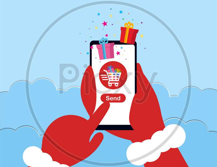 Santa Claus holding smartphone in hands, sending Christmas gifts online using a delivery service. Vector illustration.