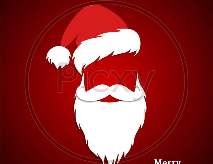 Santa Claus hat, mustache and beard isolated on red background. Concept for Christmas greeting or invitation card. Vector Illustration.