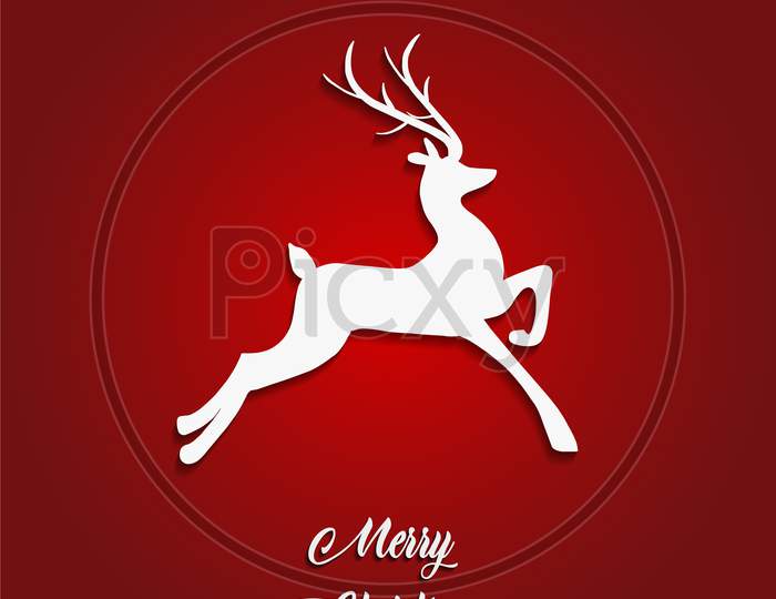 Merry Christmas wishing card with reindeer isolated on red background. Vector Illustration.