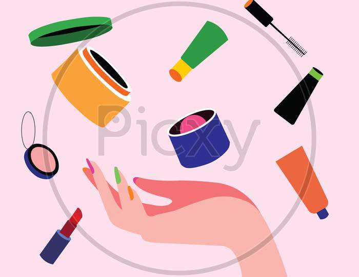 Female hand hold Makeup, cosmetic beauty products, lipstick, powder, blush, eye liner, lip balm, fairness cream. Vector illustration.