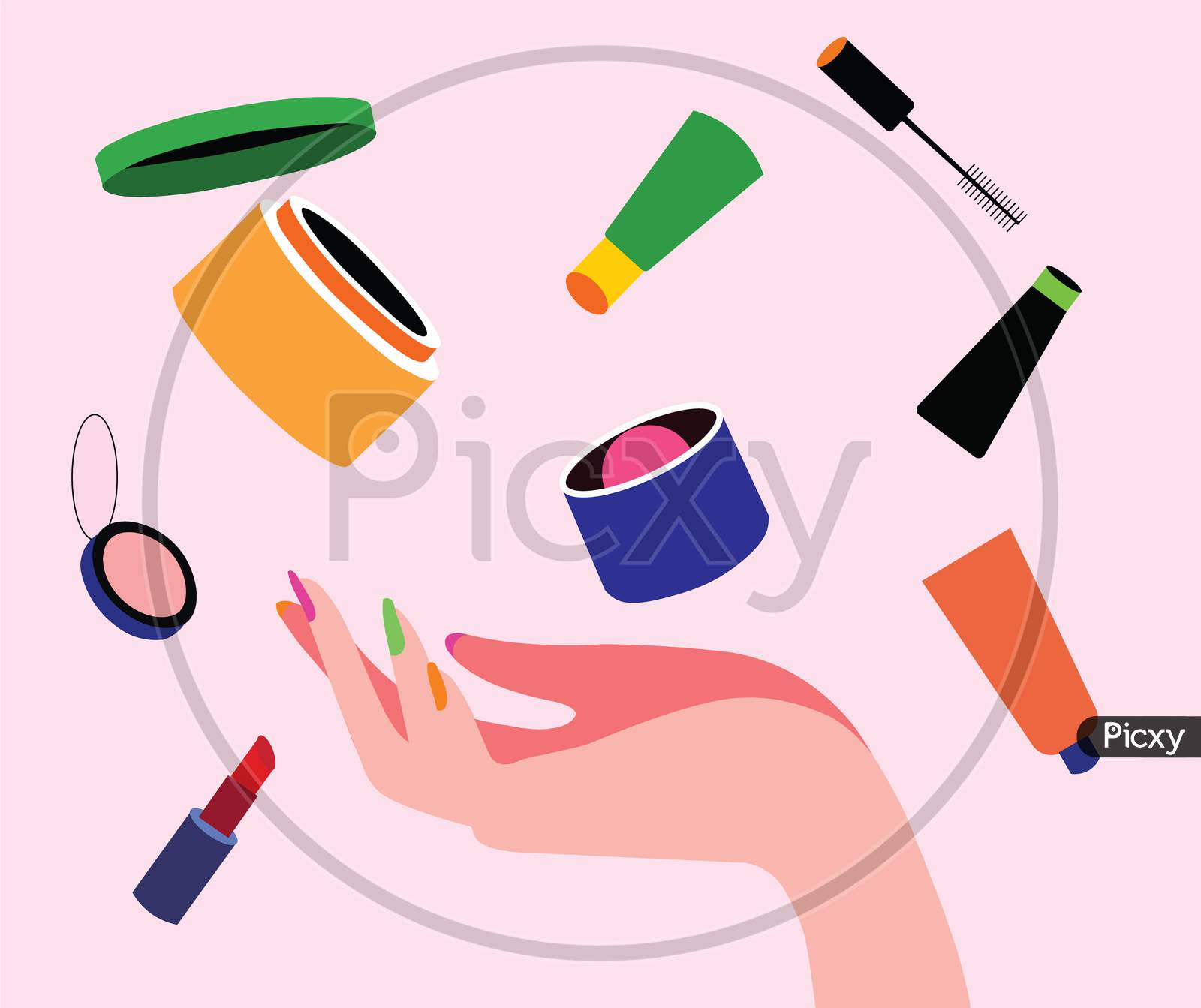 Female hand hold Makeup, cosmetic beauty products, lipstick, powder, blush, eye liner, lip balm, fairness cream. Vector illustration.