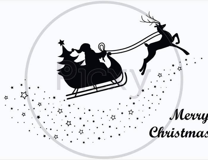 Santa Claus flying with reindeer on stars and snow silhouette. Merry Christmas banner. Cartoon style. Vector Illustration.