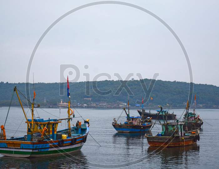 Some fishing boats are decked at Dabhol Jetty, Maharashtra, India