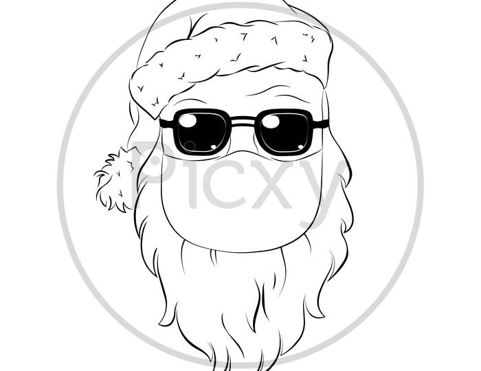 Santa Claus in medical mask. Vector template for banner, poster, advertising, t-shirt design. Line art vector illustration for Christmas and New Year holiday.